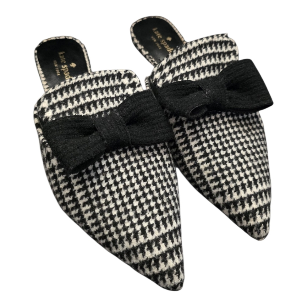 KATE SPADE Karin Houndstooth Black & White Bow Pointed‎ Toe Slip-Ons Mules - 9M
